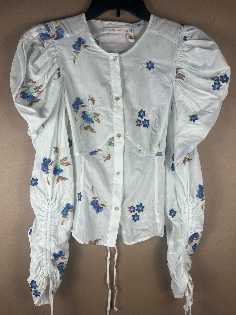 Chelsea & Violet White Floral Embroidered Puff Sleeve Blouse XS Cottagecore Boho